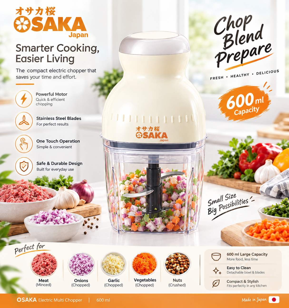 OSAKA ইলেকট্রিক মাল্টি চপার — ওয়ান-টাচ মাংস ও সবজি কাটার (৬০০ মি.লি.)